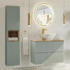 Petits-Meubles Ensemble meuble simple vasque 80cm 2 tiroirs miroir LED et colonne Jade Vert et Bois