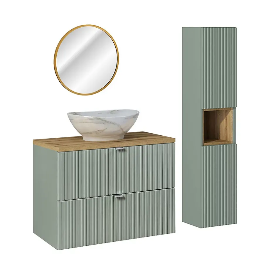 Petits-Meubles Ensemble meuble simple vasque 80cm 2 tiroirs miroir LED et colonne Jade Vert et Bois