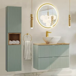 Petits-Meubles Ensemble meuble simple vasque 80cm 2 tiroirs et colonne Jade Vert et Bois