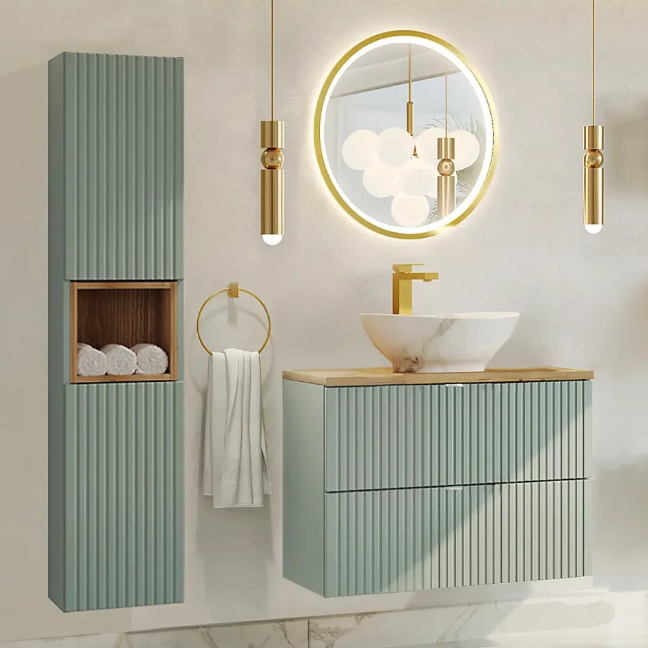 Petits-Meubles Ensemble meuble simple vasque 80cm 2 tiroirs et colonne Jade Vert et Bois