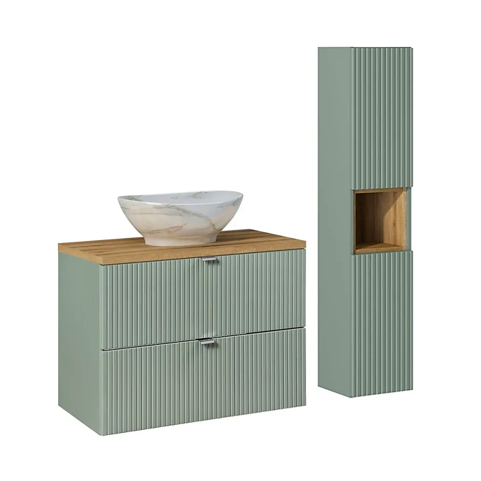 Petits-Meubles Ensemble meuble simple vasque 80cm 2 tiroirs et colonne Jade Vert et Bois