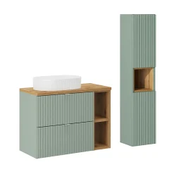 Petits-Meubles Ensemble meuble simple vasque 80cm 2 tiroirs 2 niches et colonne Jade Vert et Bois* Ensemble Meuble De Salle De Bains