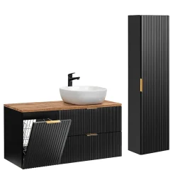 Petits-Meubles Ensemble meuble simple vasque 120cm panier à linge et colonne Adriel Noir et Bois* Ensemble Meuble De Salle De Bains