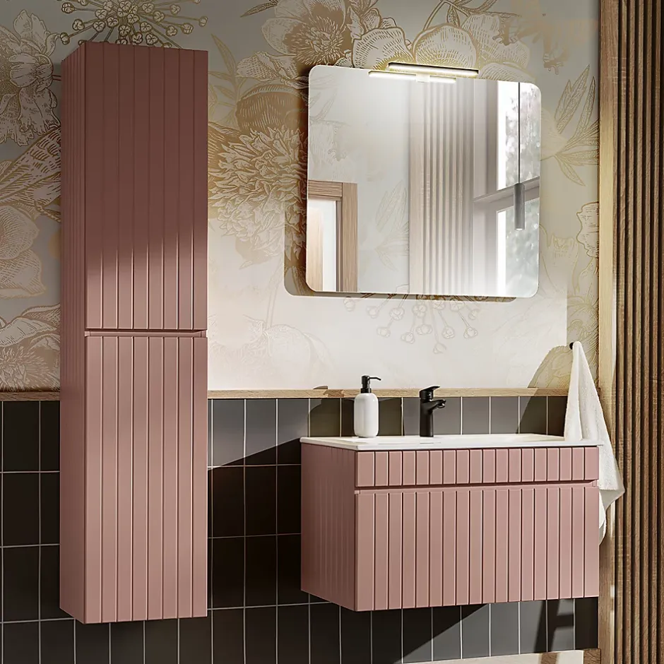 Petits-Meubles Ensemble meuble simple vasque encastree 80cm et colonne Zelie Rose