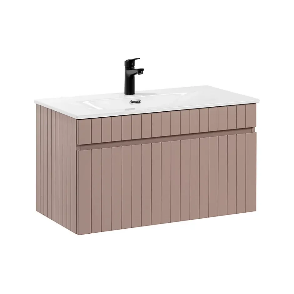 Petits-Meubles Ensemble meuble simple vasque encastree 80cm et colonne Zelie Rose