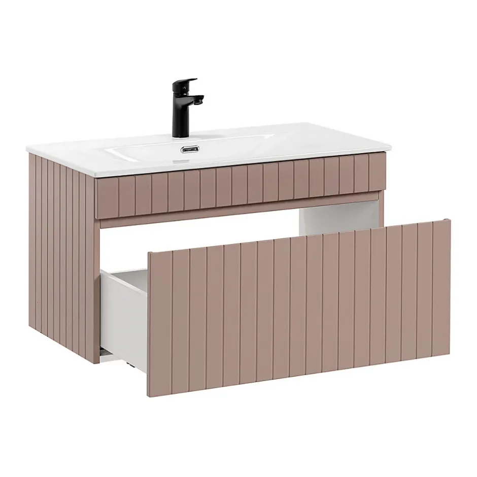 Petits-Meubles Ensemble meuble simple vasque encastree 80cm et colonne Zelie Rose