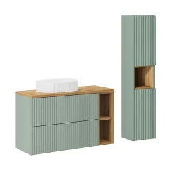 Petits-Meubles Ensemble meuble simple vasque 100cm 2 tiroirs 2 niches et colonne Jade Vert et Bois