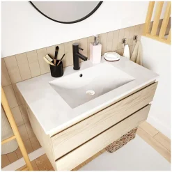 Mob-In Ensemble meuble simple vasque SORRENTO 80cm avec plan céramique, robinet, miroir et colonne* Ensemble Meuble De Salle De Bains