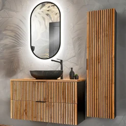 Petits-Meubles Ensemble meuble simple vasque 100cm miroir LED et colonne Gaia Bois et Noir - Vasque Noir