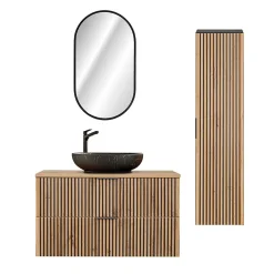 Petits-Meubles Ensemble meuble simple vasque 100cm miroir LED et colonne Gaia Bois et Noir - Vasque Noir
