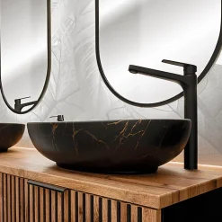 Petits-Meubles Ensemble meuble simple vasque 100cm miroir LED et colonne Gaia Bois et Noir - Vasque Noir