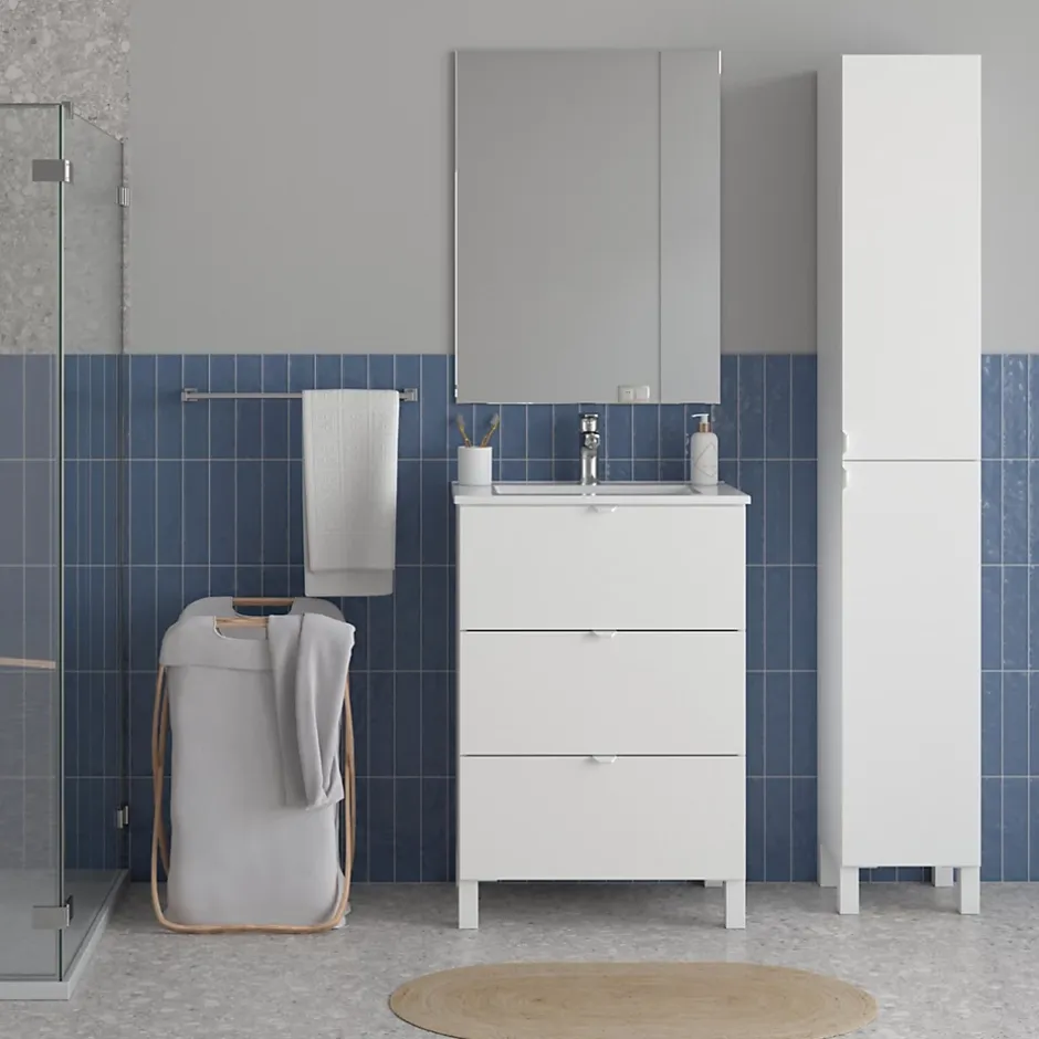 Randal Ensemble meuble vasque blanc mat l.60 cm + plan vasque blanc en céramique + miroir, Otto* Meuble Vasque