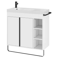 GoodHome Ensemble meuble vasque faible profondeur blanc avec porte-serviettes l.85 x H.82 x P.36 cm + plan vasque résine blanc + miroir, Maza* Ensemble Meuble De Salle De Bains|Meuble De Salle De Bains Faible Profondeur