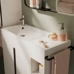 GoodHome Ensemble meuble vasque faible profondeur blanc avec porte-serviettes l.85 x H.82 x P.36 cm + plan vasque résine blanc + miroir, Maza* Ensemble Meuble De Salle De Bains|Meuble De Salle De Bains Faible Profondeur