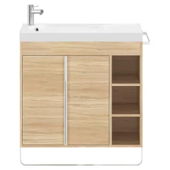 GoodHome Ensemble meuble vasque faible profondeur effet bois avec porte-serviettes l.85 x H.82 x P.36 cm + plan vasque résine blanc + miroir, Maza
