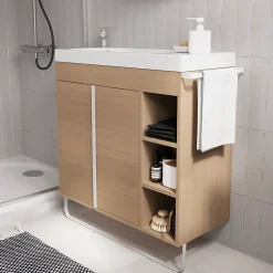 GoodHome Ensemble meuble vasque faible profondeur effet bois avec porte-serviettes l.85 x H.82 x P.36 cm + plan vasque résine blanc + miroir, Maza