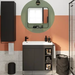 GoodHome Ensemble meuble vasque faible profondeur noir avec porte-serviettes l.85 x H.82 x P.36 cm + plan vasque blanc résine + miroir, Maza* Meuble Vasque|Ensemble Meuble De Salle De Bains