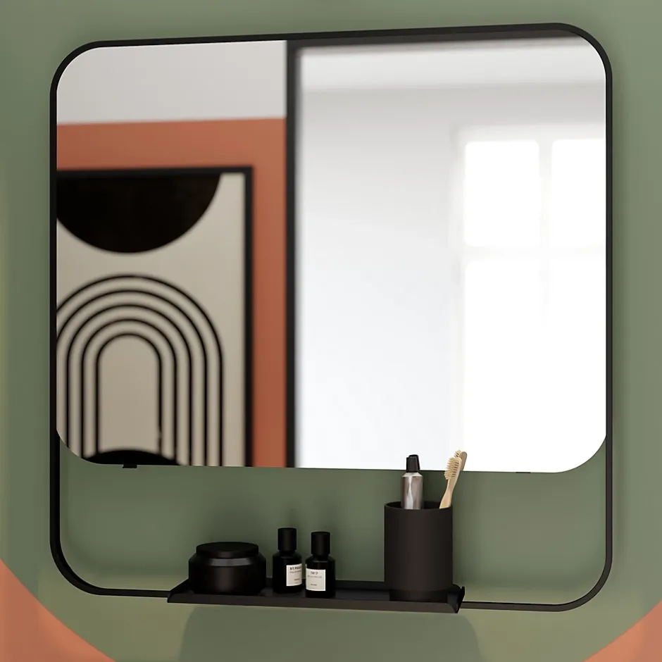 GoodHome Ensemble meuble vasque faible profondeur noir avec porte-serviettes l.85 x H.82 x P.36 cm + plan vasque blanc résine + miroir, Maza* Meuble Vasque|Ensemble Meuble De Salle De Bains