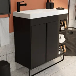 GoodHome Ensemble meuble vasque faible profondeur noir avec porte-serviettes l.85 x H.82 x P.36 cm + plan vasque blanc résine + miroir, Maza* Meuble Vasque|Ensemble Meuble De Salle De Bains