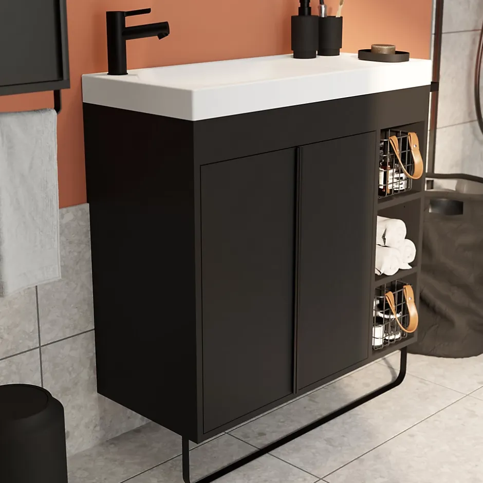 GoodHome Ensemble meuble vasque faible profondeur noir avec porte-serviettes l.85 x H.82 x P.36 cm + plan vasque blanc résine + miroir, Maza* Meuble Vasque|Ensemble Meuble De Salle De Bains