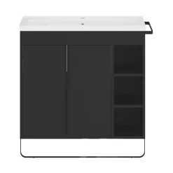 GoodHome Ensemble meuble vasque faible profondeur noir avec porte-serviettes l.85 x H.82 x P.36 cm + plan vasque blanc résine + miroir, Maza* Meuble Vasque|Ensemble Meuble De Salle De Bains