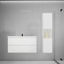 AICA Sanitaire Ensemble meuble vasque L.100cm blanc 2 tiroirs + lavabo + colonne* Ensemble Meuble De Salle De Bains
