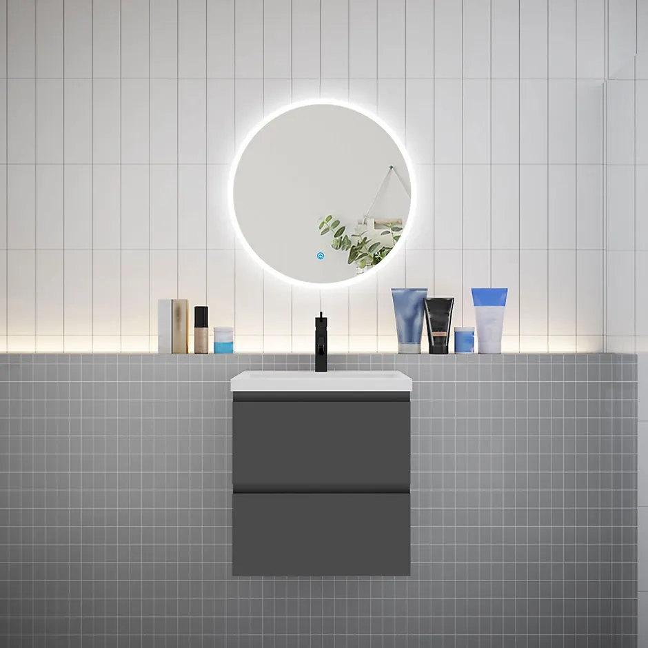 AICA Sanitaire Ensemble meuble vasque L.50cm 2 tiroirs + lavabo + LED miroir rond 60cm,anthracite