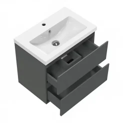AICA Sanitaire Ensemble meuble vasque L.50cm 2 tiroirs + lavabo + LED miroir rond 60cm,anthracite