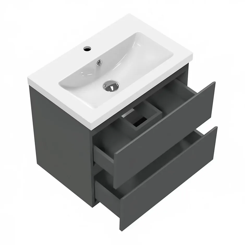AICA Sanitaire Ensemble meuble vasque L.50cm 2 tiroirs + lavabo + LED miroir rond 60cm,anthracite