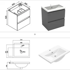 AICA Sanitaire Ensemble meuble vasque L.50cm 2 tiroirs + lavabo + LED miroir rond 60cm,anthracite