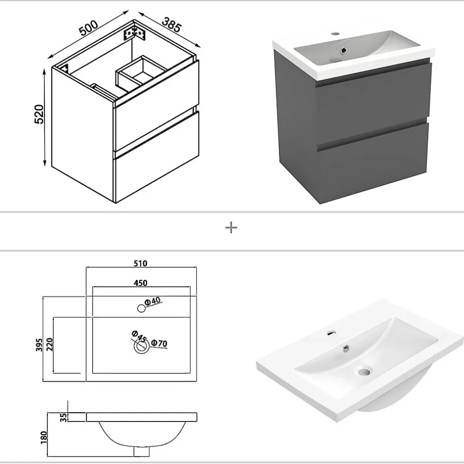AICA Sanitaire Ensemble meuble vasque L.50cm 2 tiroirs + lavabo + LED miroir rond 60cm,anthracite