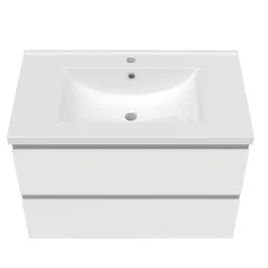 AICA Sanitaire Ensemble meuble vasque L.80cm 2 tiroirs + lavabo + LED miroir rond 90cm + 2 colonne,blanc A