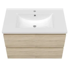 AICA Sanitaire Ensemble meuble vasque L.80cm 2 tiroirs + lavabo + LED miroir rond 80cm,chêne