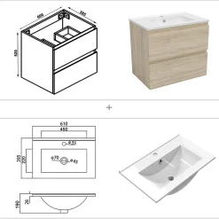 AICA Sanitaire Ensemble meuble vasque L.60cm chêne 2 tiroirs + lavabo + colonne