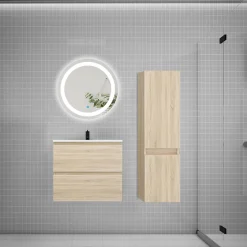 AICA Sanitaire Ensemble meuble vasque L.60cm 2 tiroirs + lavabo + LED miroir rond 60cm + colonne,chêne easy