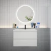 AICA Sanitaire Ensemble meuble vasque L.80cm 2 tiroirs + lavabo + LED miroir rond 70cm,blanc