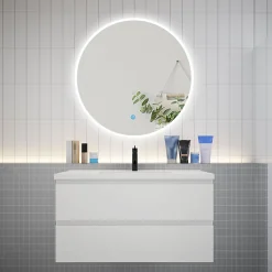 AICA Sanitaire Ensemble meuble vasque L.100cm 2 tiroirs + lavabo + LED miroir rond 90cm,blanc,easy* Ensemble Meuble De Salle De Bains