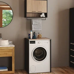 IDMarket Ensemble meubles de buanderie WALLIS noir et bois façon hêtre pour machine à laver