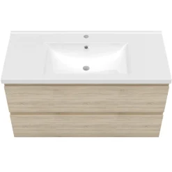 AICA Sanitaire Ensemble meubles Salle de Bain 100cm avec colonne et miroir lumineux 3 couleurs et dimmable Chêne Wotan