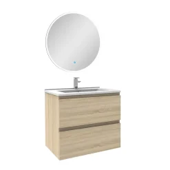 AICA Sanitaire Ensemble meubles Salle de Bain Chêne Wotan 60cm simple vasque + miroir lumineux rond* Ensemble Meuble De Salle De Bains