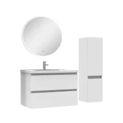 AICA Sanitaire Ensemble meubles Salle de Bain 80cm vasque + colonne + miroir rond lumineux Blanc* Ensemble Meuble De Salle De Bains