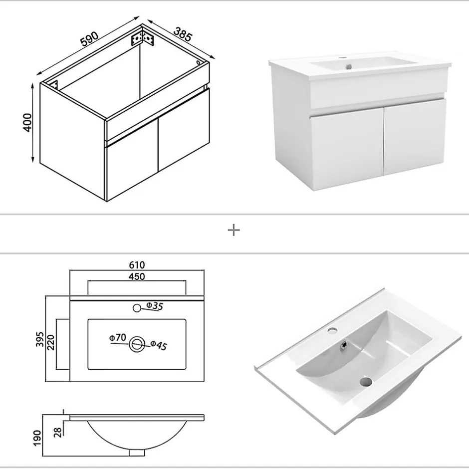AICA Sanitaire Ensemble meubles Salle de Bain simple vasque 60cm, colonne x2 et miroir Blanc* Ensemble Meuble De Salle De Bains
