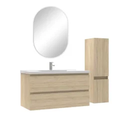 AICA Sanitaire Ensemble meubles Salle de Bain 100cm vasque + colonne + miroir ovale Chêne Wotan