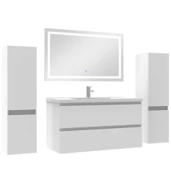 AICA Sanitaire Ensemble meubles Salle de Bain 100cm simple vasque + colonne + miroir lumineux Blanc