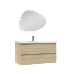 AICA Sanitaire Ensemble meubles Salle de Bain 100cm vasque + miroir 3 couleurs lumineux Chêne Wotan* Ensemble Meuble De Salle De Bains