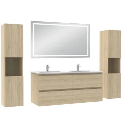 AICA Sanitaire Ensemble meubles Salle de Bain 120cm avec colonne et miroir lumineux 3 couleurs et dimmable Chêne Wotan* Ensemble Meuble De Salle De Bains