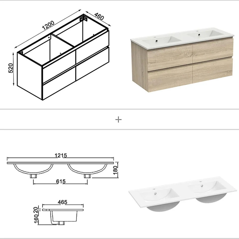 AICA Sanitaire Ensemble meubles Salle de Bain 120cm avec colonne et miroir lumineux 3 couleurs et dimmable Chêne Wotan* Ensemble Meuble De Salle De Bains