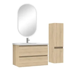 AICA Sanitaire Ensemble meubles Salle de Bain 80cm vasque + colonne + miroir ovale Chêne Wotan