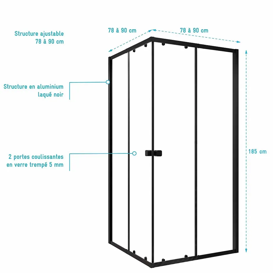 Aurlane Ensemble portes de douche coulissantes extensibles Noir 80/90x185cm - BLACK SLIDE 80-90* Porte De Douche