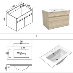 AICA Sanitaire Ensemble Salle De Bain simple vasque 60cm meuble Chêne Wotan avec miroir lumineux